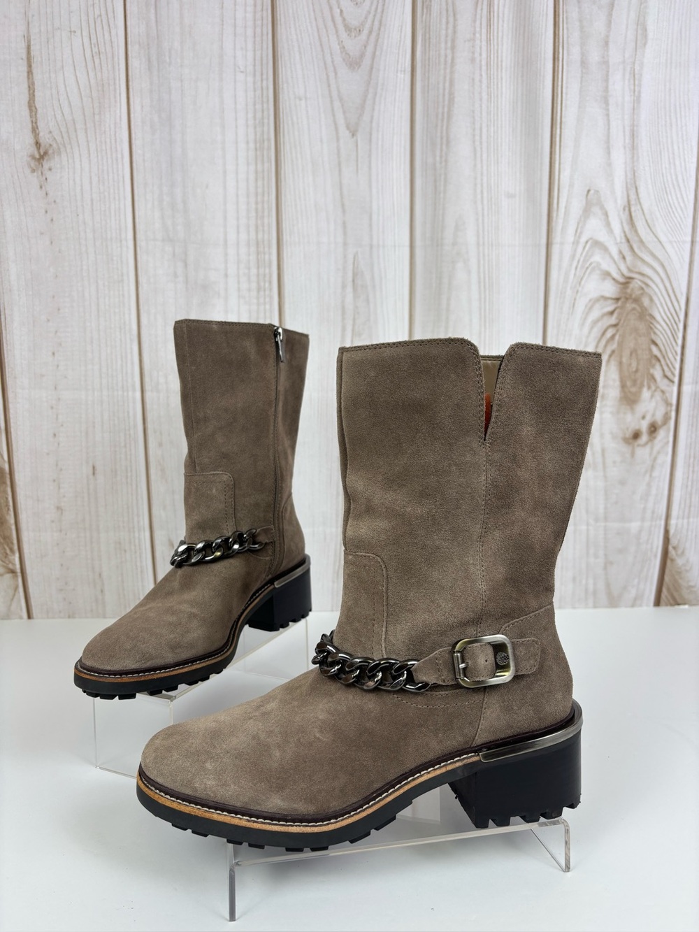 Vince Camuto Keshilla Suede Leather Chain Moto Chunky Boots Taupe Size 8.5